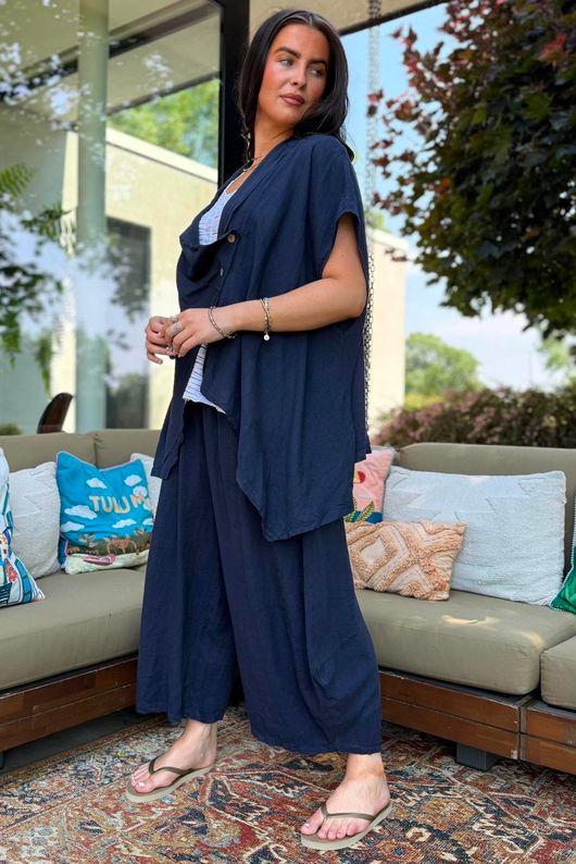 Sandbar Linen Blend Drape Front Cap Sleeve Gilet Navy